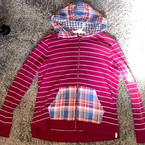 Eddie Bauer large striped burgundy plaid pockets sweater: